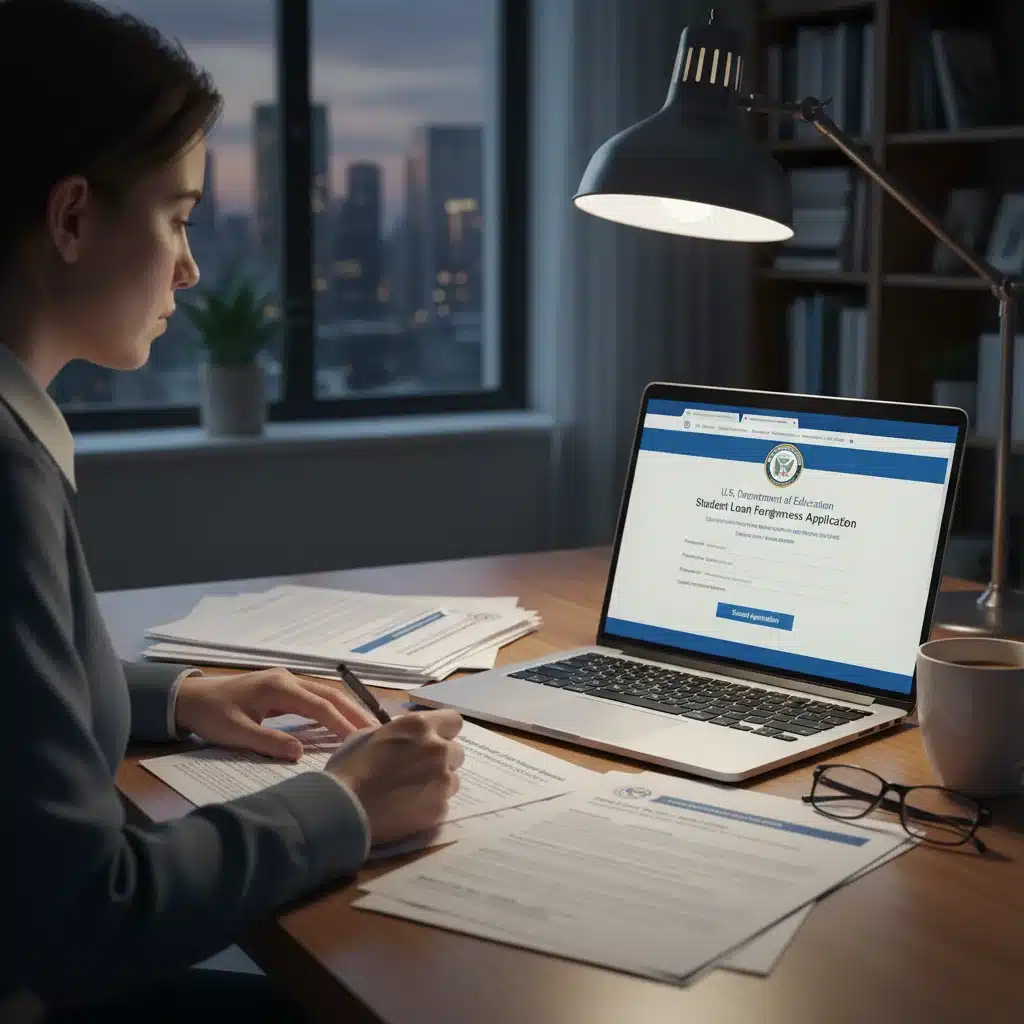 Individual applying for federal student loan forgiveness online, reviewing application forms.