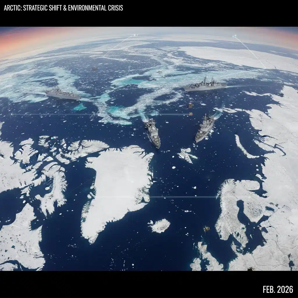 Arctic region strategic importance with melting ice and military presence.