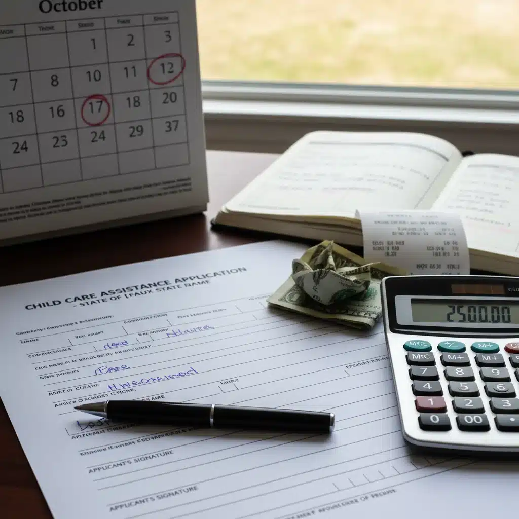 Child care subsidy application form with calculator and bills, representing financial planning