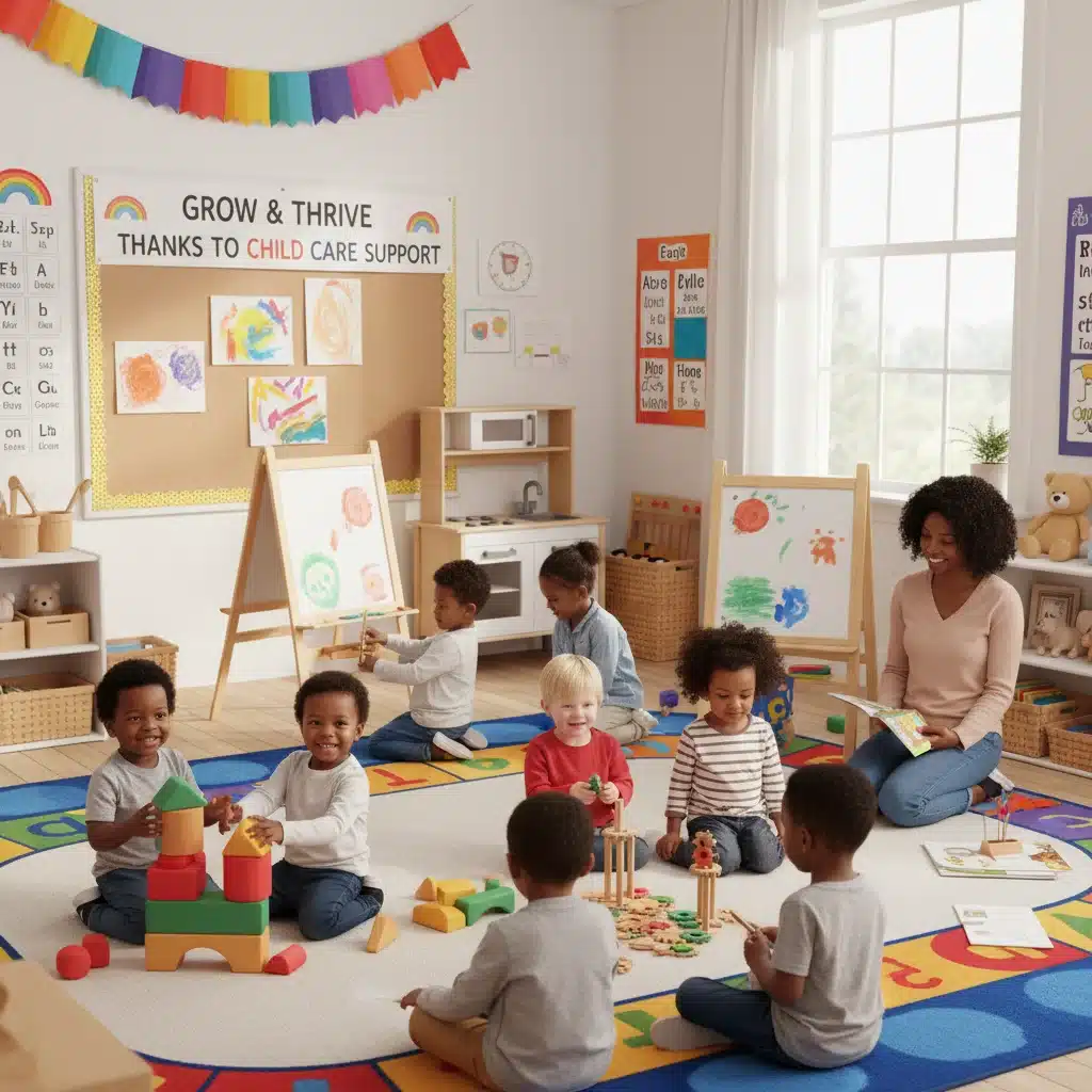 Happy children playing and learning in a bright, modern daycare classroom with educators