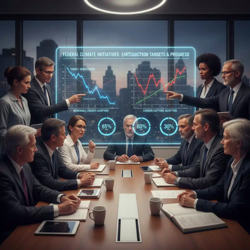 Experts collaborating on emission reduction strategies for federal climate goals