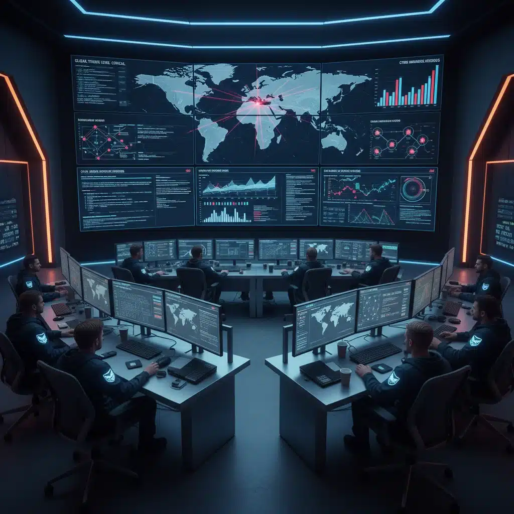 Cyber security operations center monitoring global digital threats.