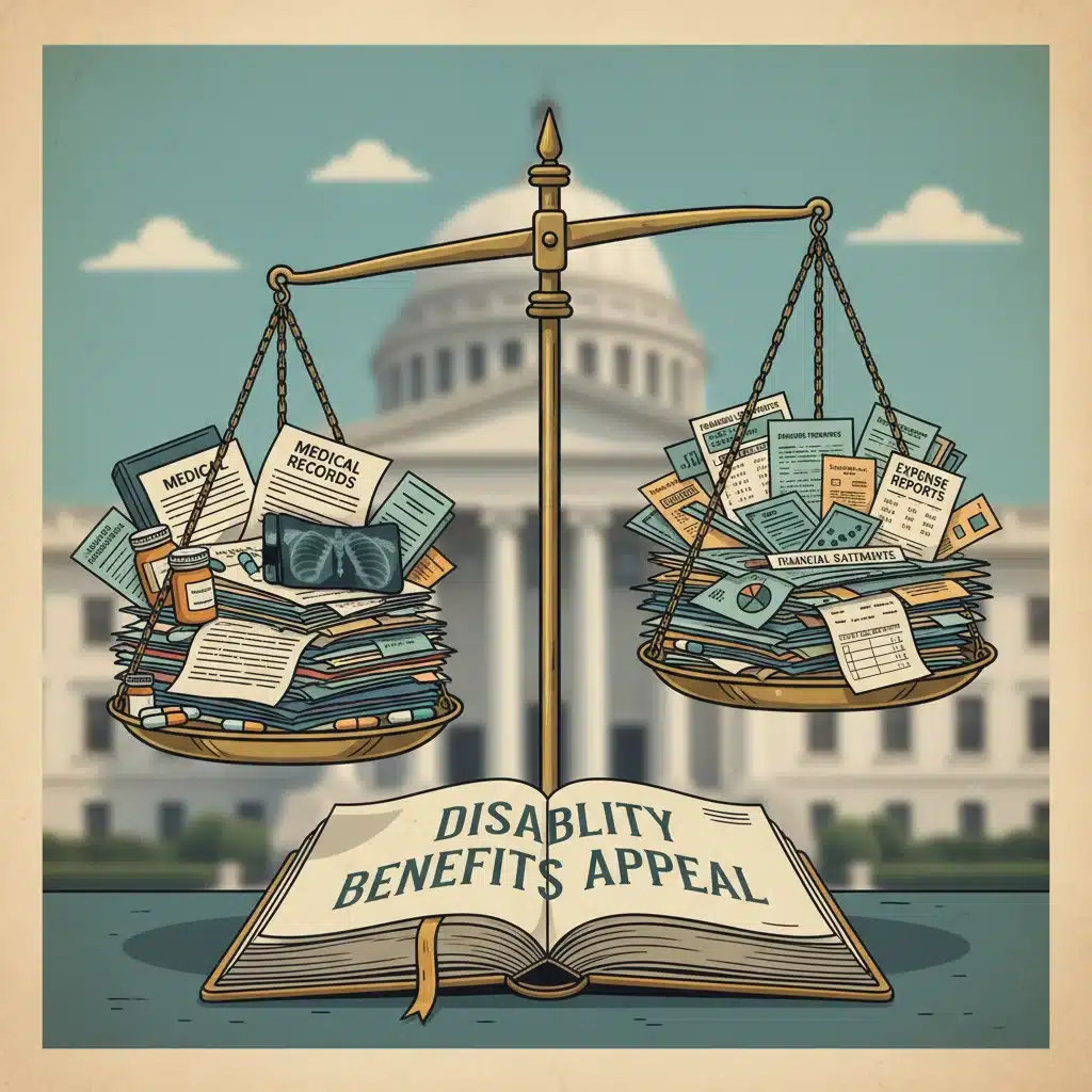 Legal scale balancing medical and financial evidence for disability appeal