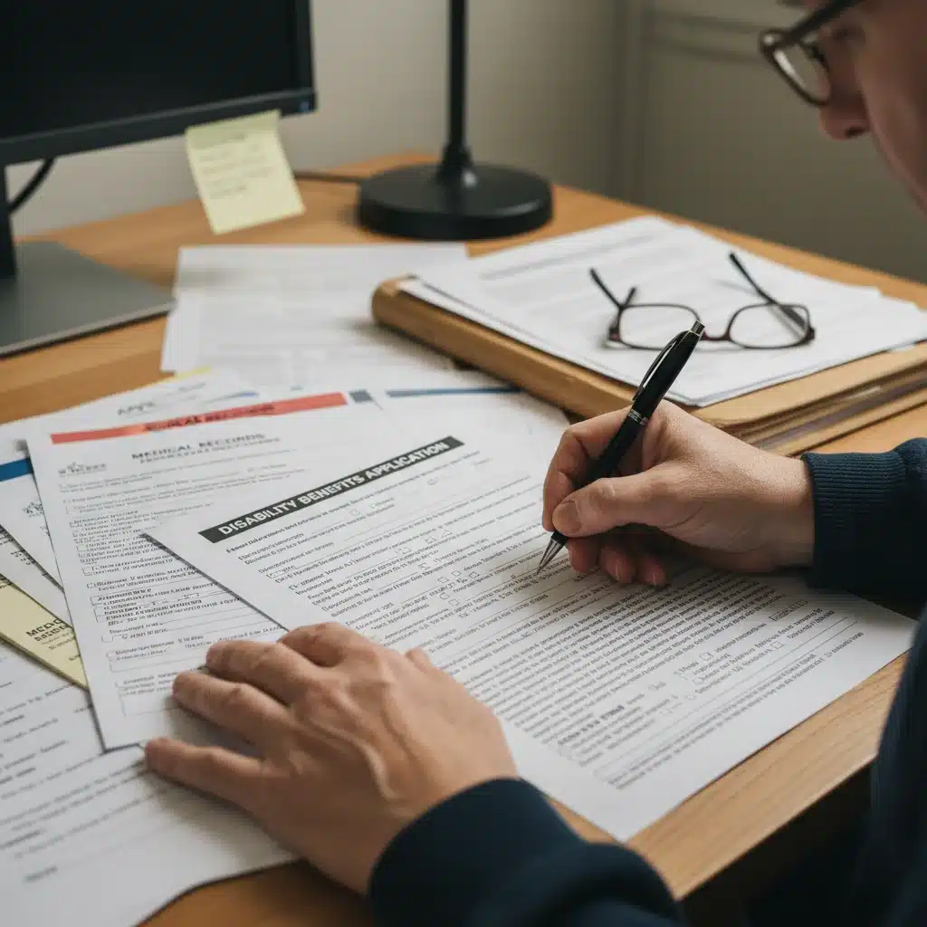 Hands filling out disability benefits application form with medical records