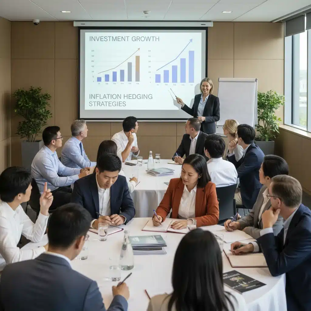 Group of people learning about financial planning and inflation hedging strategies in a seminar setting.