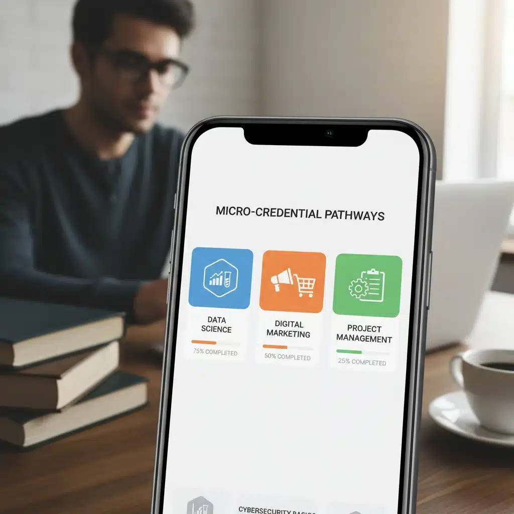 Smartphone displaying micro-credential course options and progress for upskilling.