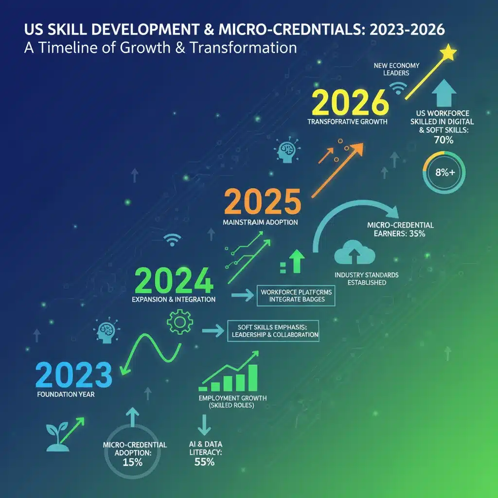 Infographic depicting the growth and impact of micro-credentials on the US workforce from 2023 to 2026.