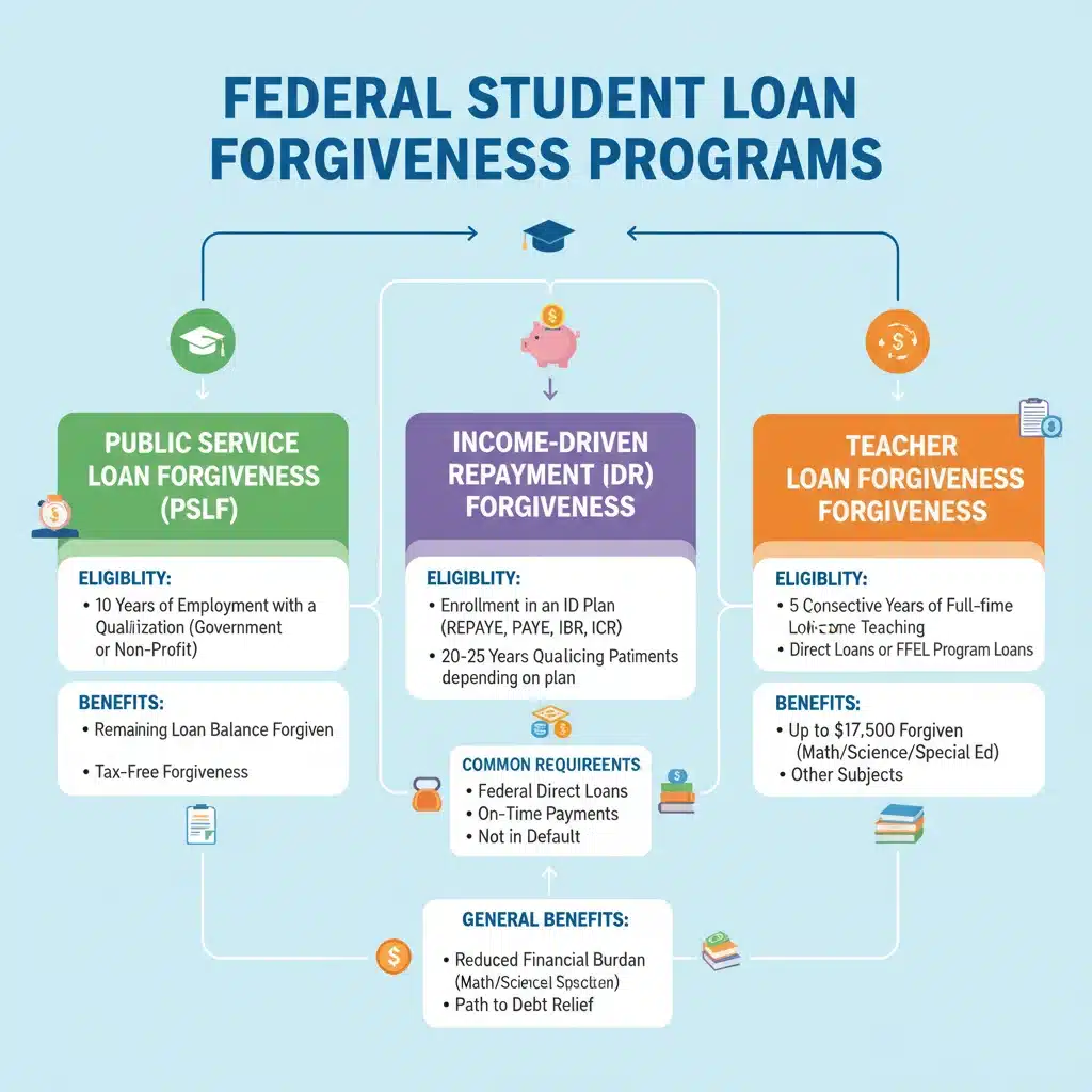 Infographic detailing various federal student loan forgiveness programs and their eligibility criteria.