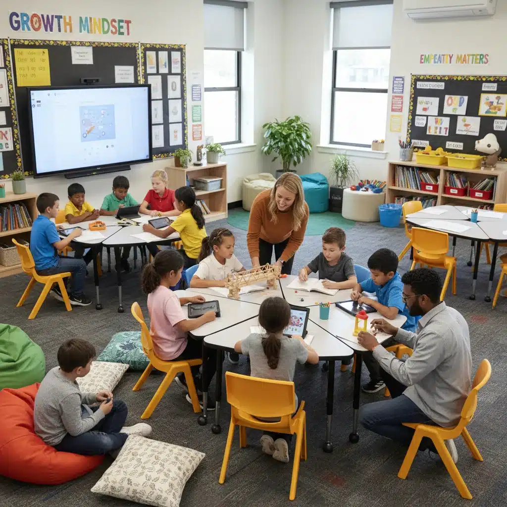Collaborative learning environment with teacher guiding students and promoting social-emotional skills.