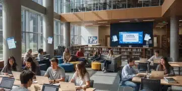 College students studying and discussing financial aid forms in a library.