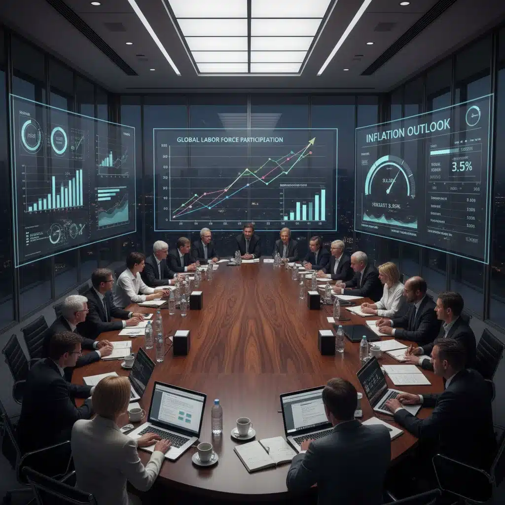 Economists analyzing labor market data and economic indicators in a professional setting.