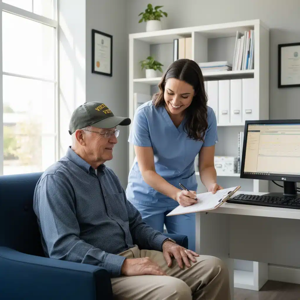 Healthcare professional explaining benefits to a veteran in a clinic, emphasizing personalized support.