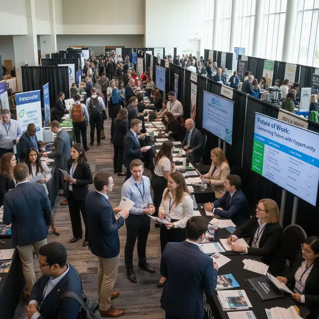 Job seekers and recruiters interacting at a bustling job fair, reflecting a dynamic labor market.