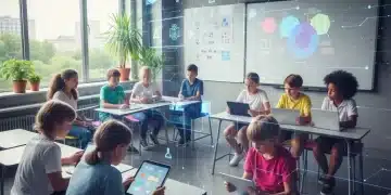 Students learning with technology in a modern K-12 classroom, symbolizing future education trends.
