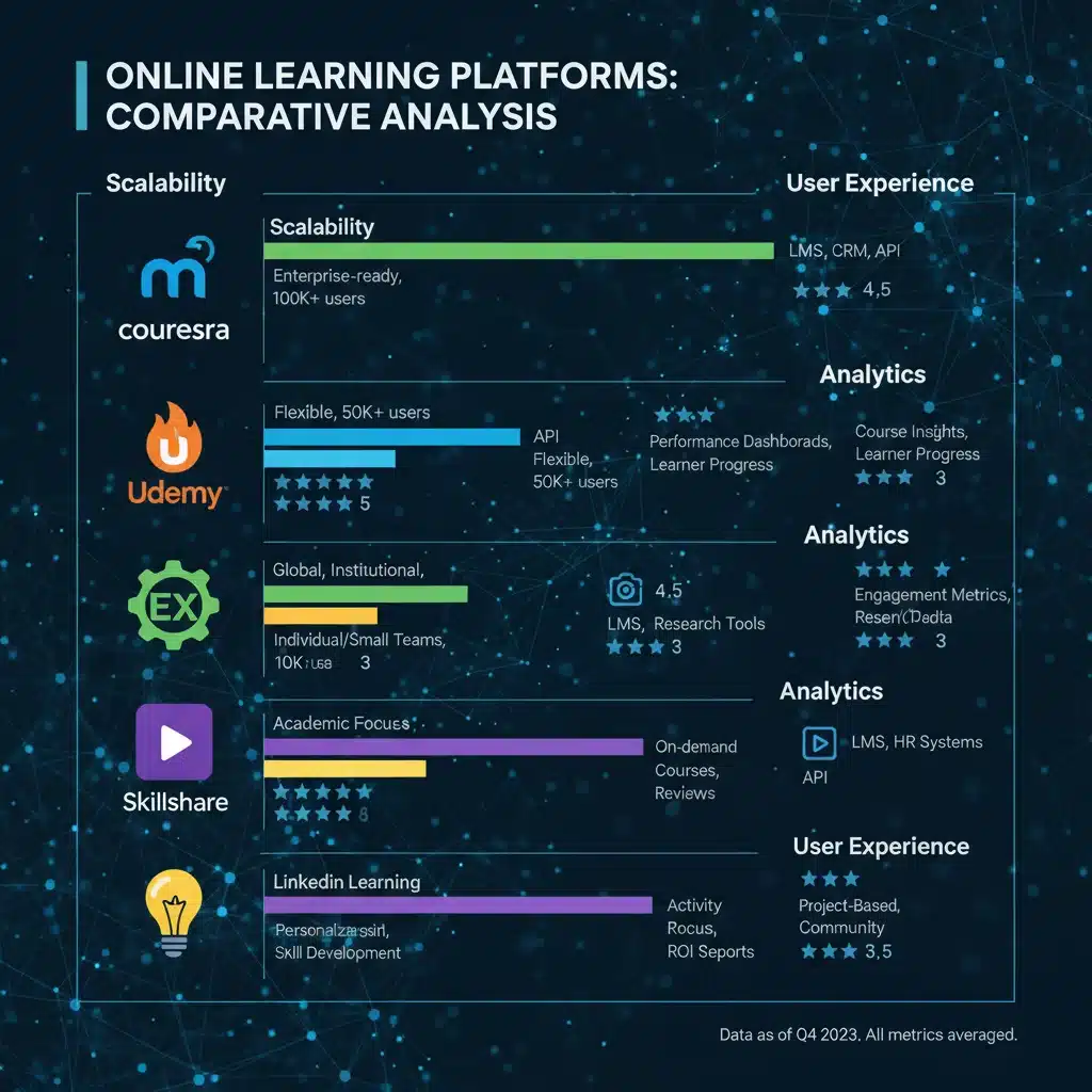 Infographic comparing features and metrics of leading online learning platforms for higher education.