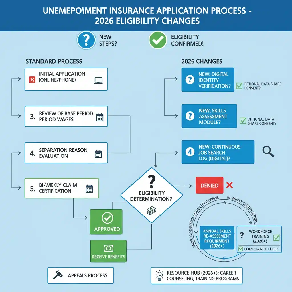 Infographic of the UI benefits application process, with updated steps for 2026 eligibility.