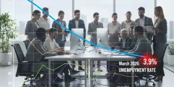 Graph illustrating the declining unemployment rate reaching 3.9% in March 2026, surrounded by professionals.