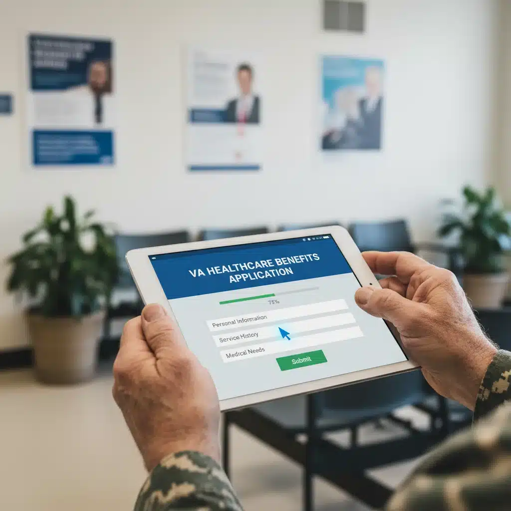 Veteran using a tablet to apply for healthcare benefits online, demonstrating digital access to VA services.
