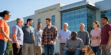 Diverse veterans smiling near a modern VA healthcare facility, symbolizing accessible and supportive care.