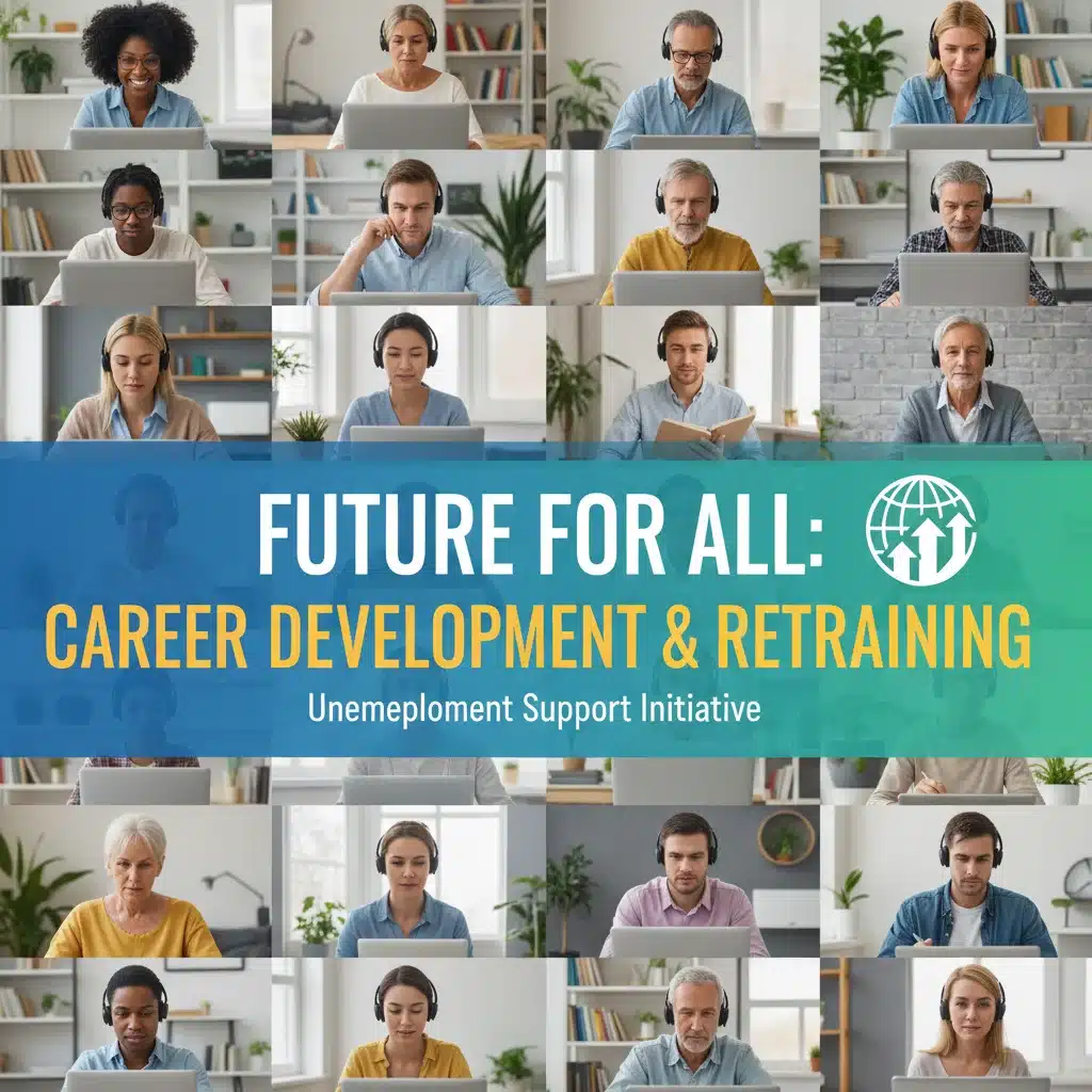 Diverse individuals participating in a virtual job fair, emphasizing career development and retraining.