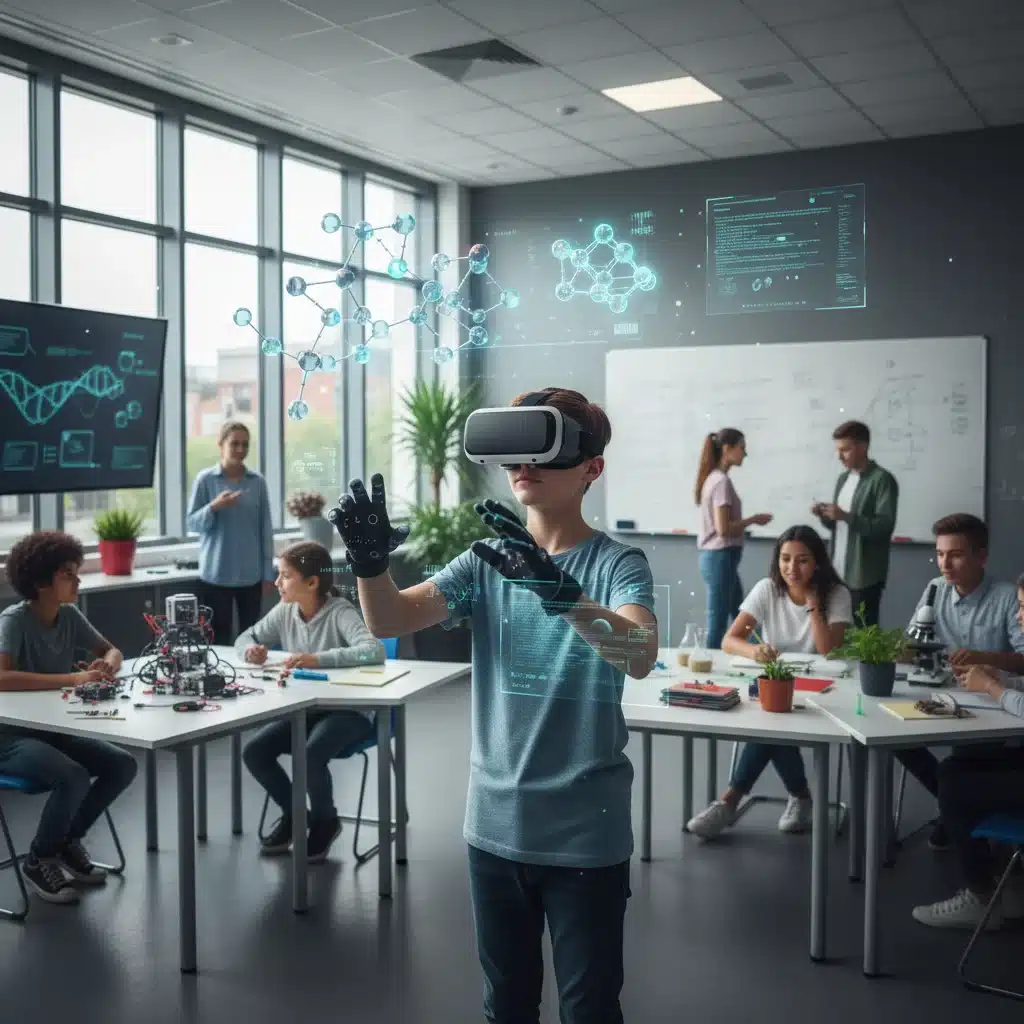Student using VR for immersive learning in a modern classroom setting.