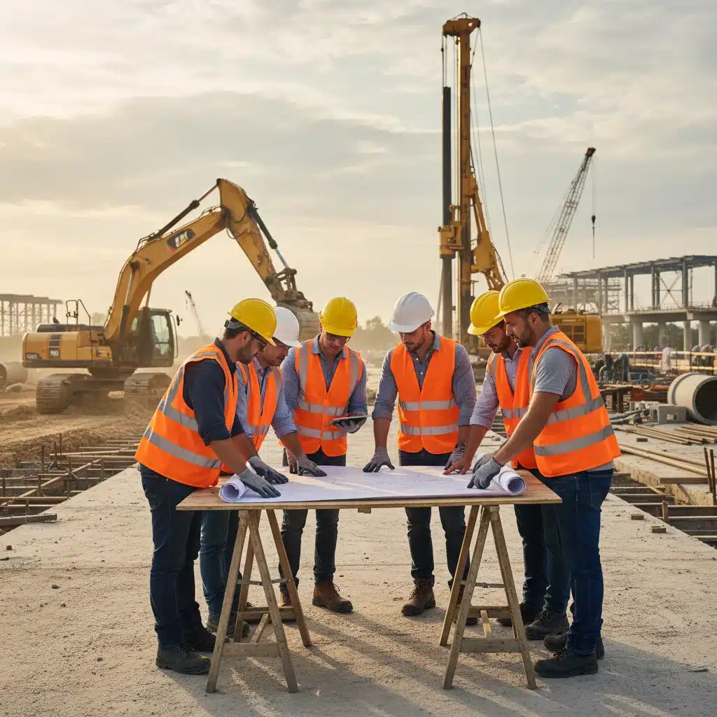 Construction workers reviewing blueprints at an active infrastructure project site