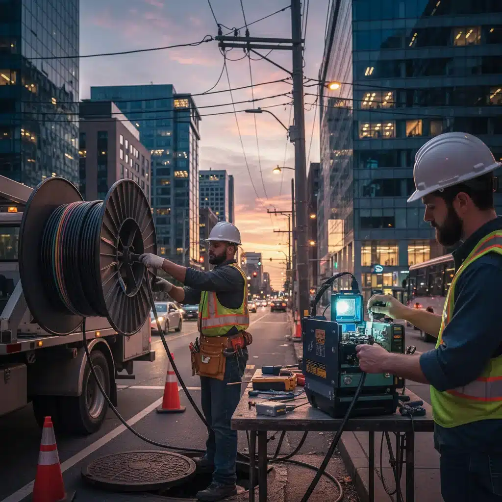 Technicians installing fiber optic cables for broadband internet in an urban setting