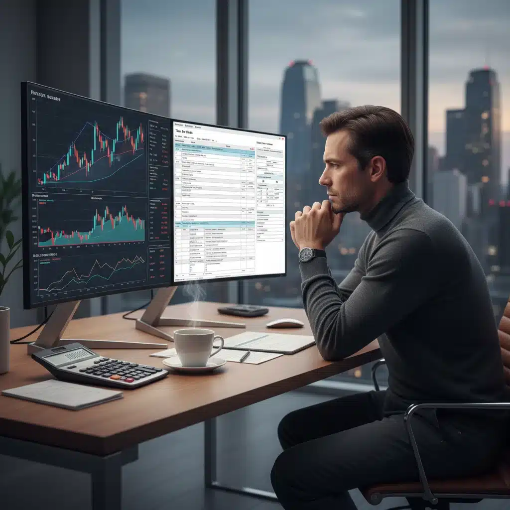 Individual analyzing complex financial data and tax forms on a laptop.