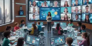 Students learning in a modern hybrid K-12 classroom, integrating in-person and remote participation.
