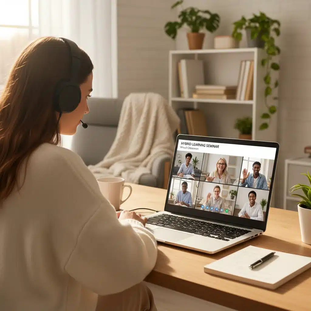 Student engaged in remote learning from home as part of a hybrid model.